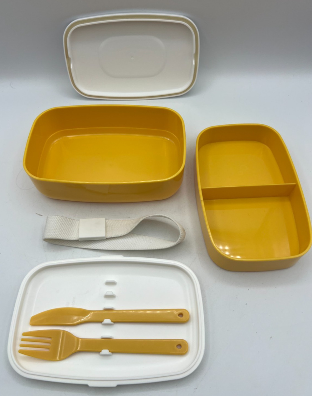 Bentgo Bento Lunch Box Yellow White Food Container Utensils Strap Microwave Safe